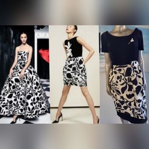 ♡○$5,000 OSCAR DE LA RENTA SILK VELVET WHT BLK FLORAL EMBROID RUNWAY DRESS 10